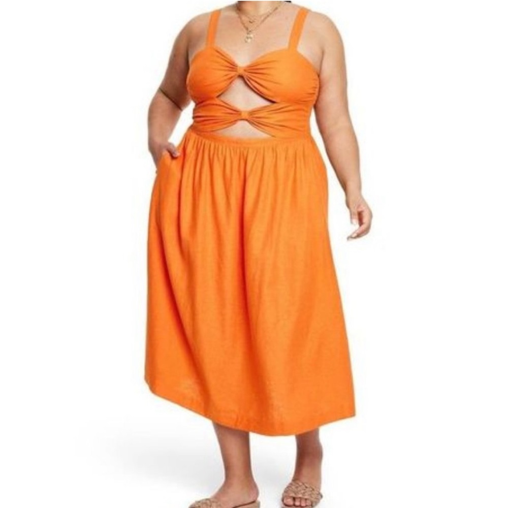Vibrant Orange Linen Blend Cutout Midi Dress - Picture 4 of 16